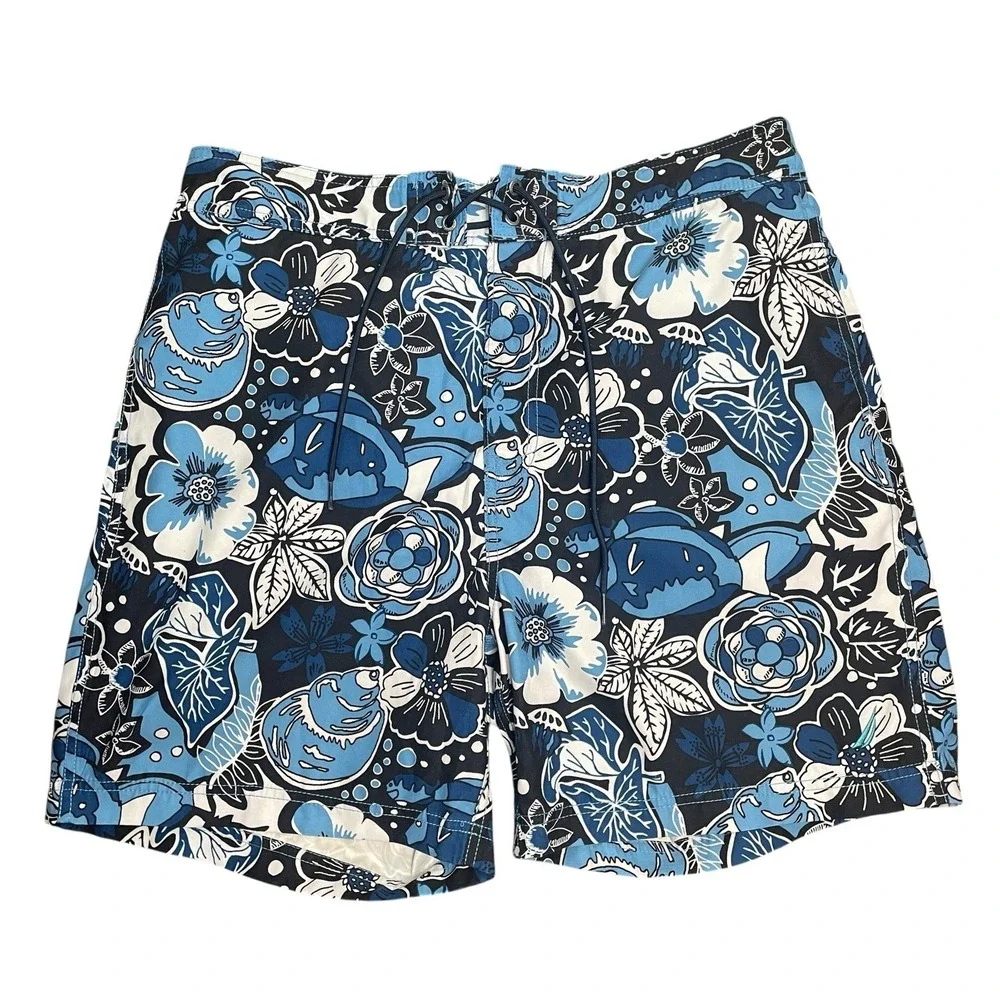Nautica Mens Blue Tropical Hawaiian Floral Lined Swim Trunks Bathing Suit Size L
